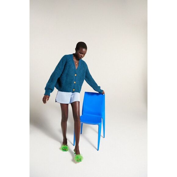 Teal Blue Zara Chunky Knit Button Front V-Neck Cardigan Sweater (NWT) - Picture 8 of 13